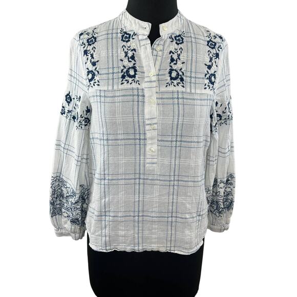 VERO MODA White & Blue Estella Long Sleeve Check Embroidered Top Popover S - Picture 1 of 7